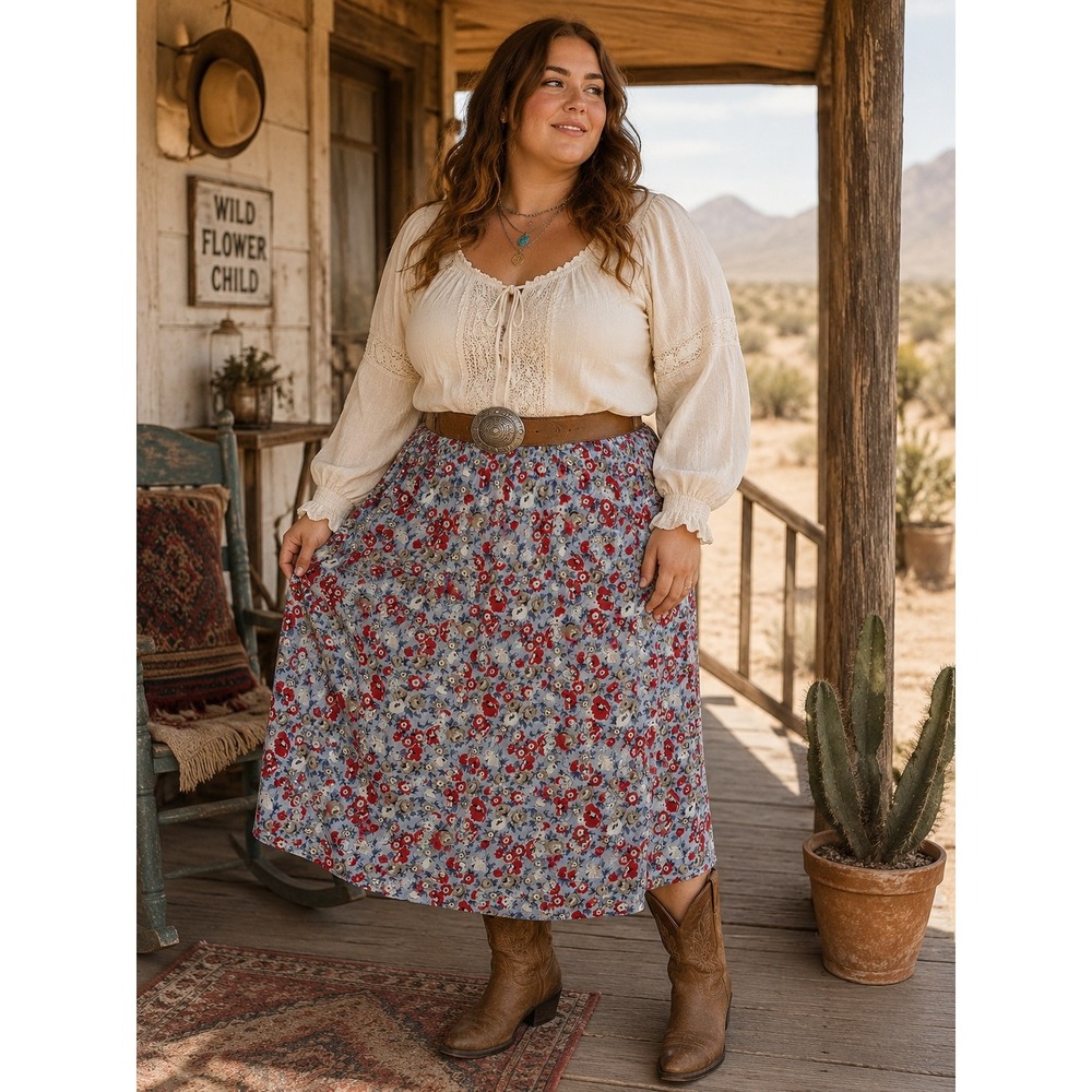 Boho Cottage Y2K Western Retro 80s Floral Red White Blue Elastic 3X‎ Midi Skirt